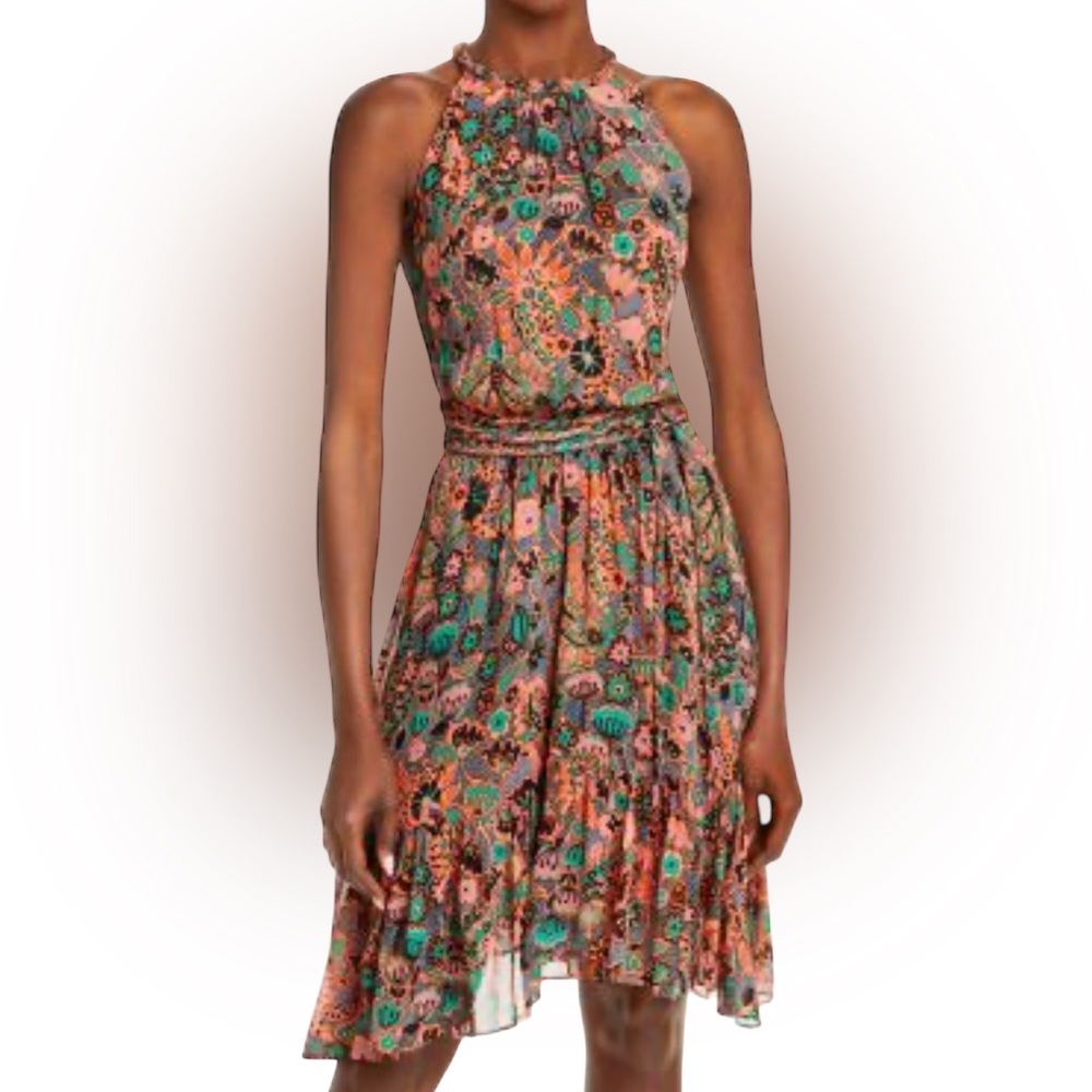 A.L.C. Kaplan Multicolor Floral Silk Halter Dress 8